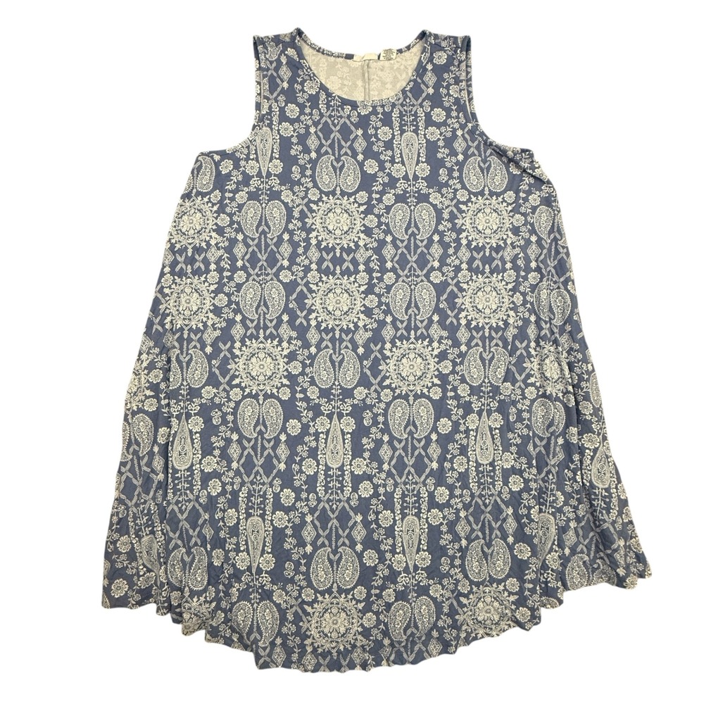 Lucky Brand Sleeveless Dress Womens 1X Blue Paisley Boho Pockets Rayon Knit